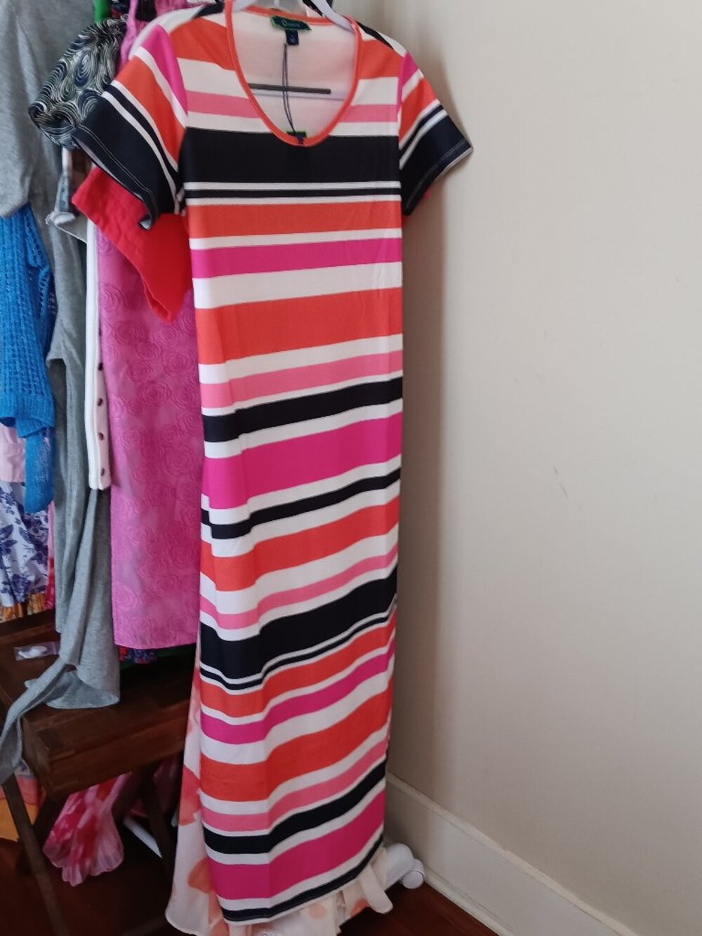NWT Multicolor Stripe Maxi Dress Pink Coral Black White Size Medium